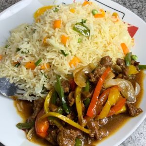 steamed white rice with beef stir fry