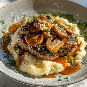 mashed potato with stick & mushroom sauce