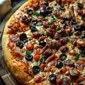 loaded meat & olives pizza